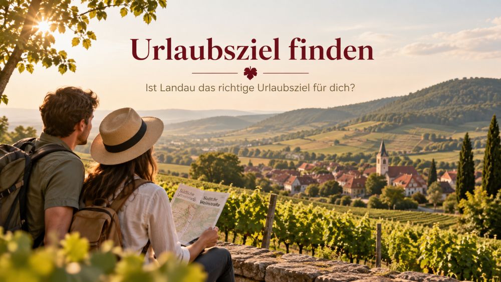 Ein Paar blickt über malerische Weinberge, mit Schrift "Urlaubsziel finden".